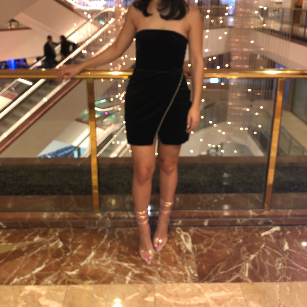 Strapless Black Velvet Mini Dress with Side beading Accent